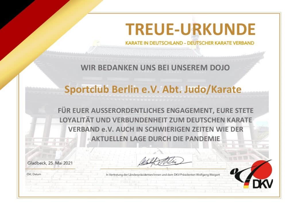 25.06.2021 - Treue-Urkunde des DKV für das Engagement während der Corona-Pandemie (Fotograf: Deutsche Karate Verband e. V. (DKV))
